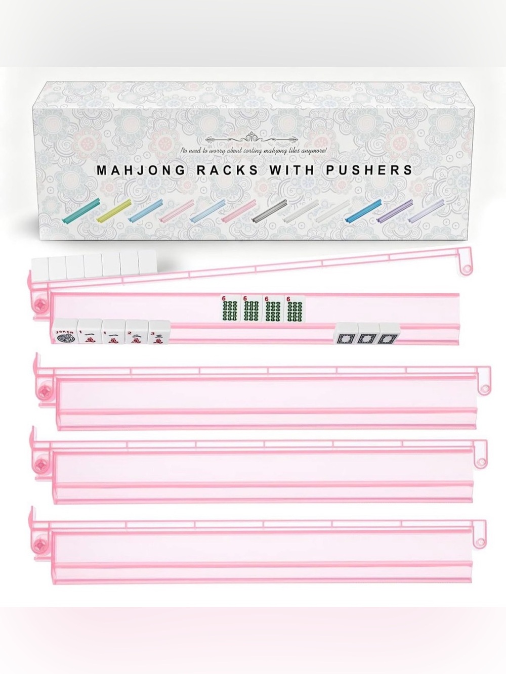 Mahjong Racks with Pushers Acrylic Tile Holders Game Accessories 4 pc pink
-